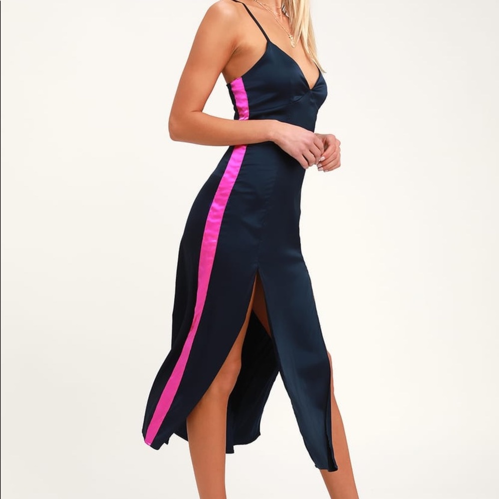 Lulu Eye Candy Navy Blue Satin Midi Slip Dress S